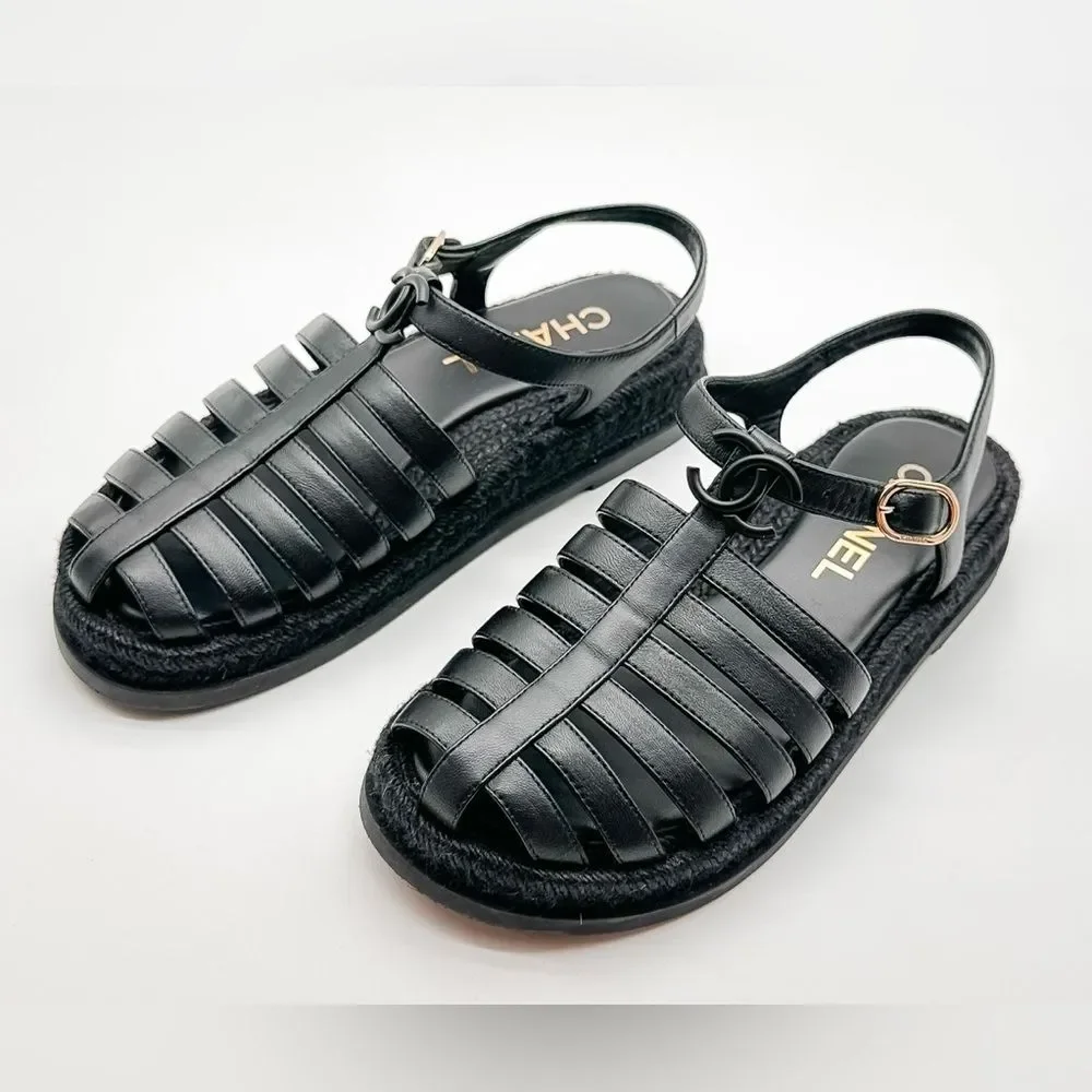 CHANEL 2024 CC Logo Black Leather Fisherman Rope Sole Dad Sandals Flats EU 37